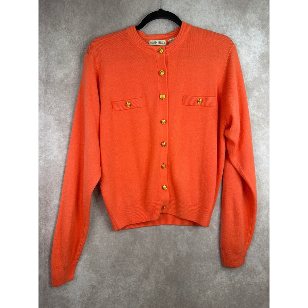 VTG Kerri N Kelsey Cardigan Sweater Womens‎ Medium Orange Gold Crest Button Knit